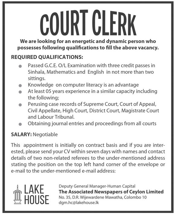 Court Clerk - The Associated Newspapers of Ceylon Limited